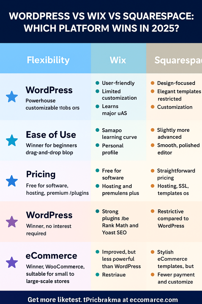 Análise detalhada dos principais construtores de sites: Wix, Squarespace, WordPress.com, Webflow e Shopify